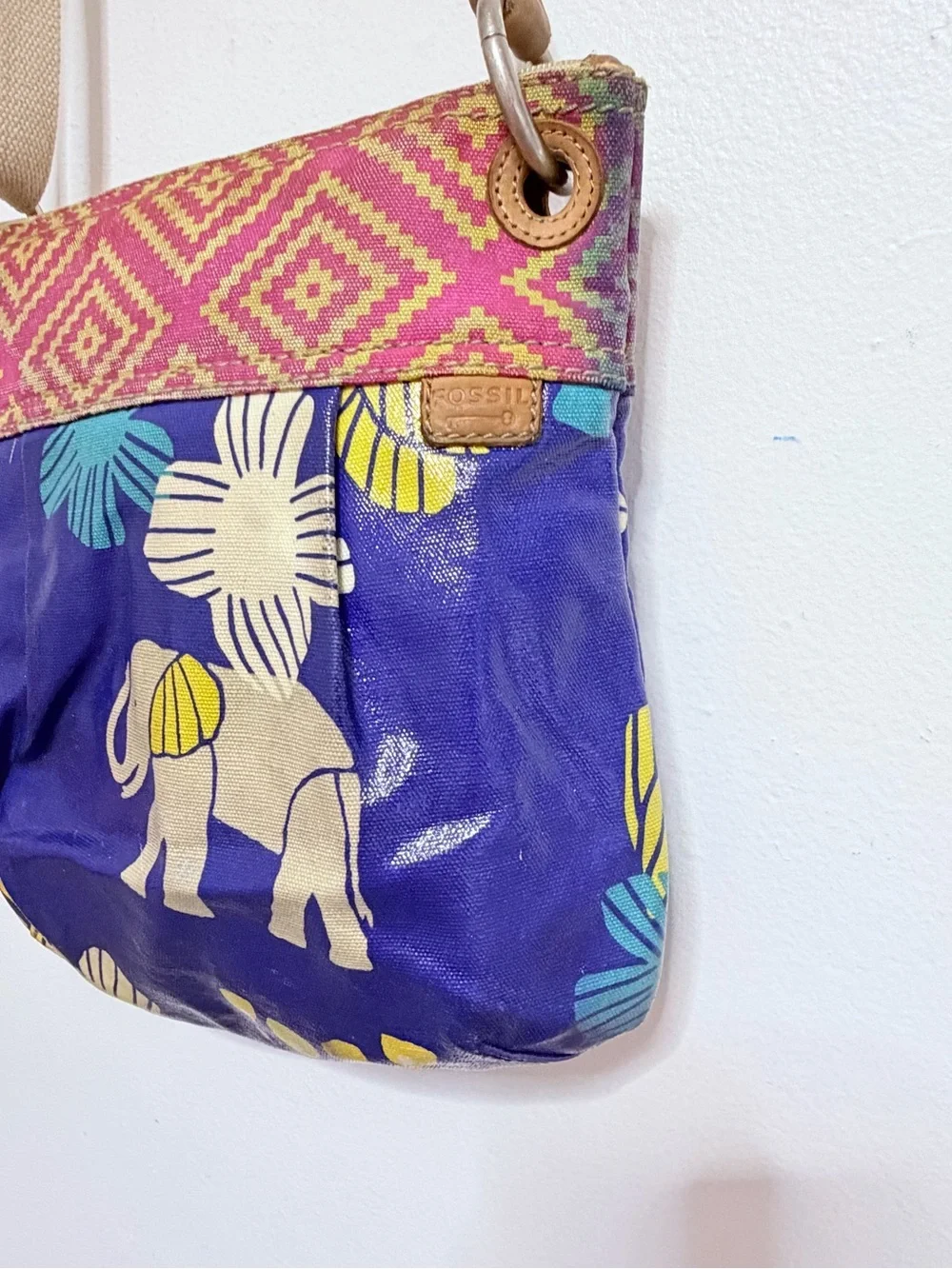 Fossil Blue Elephant Print Crossbody Bag with Pink Pattern Trim